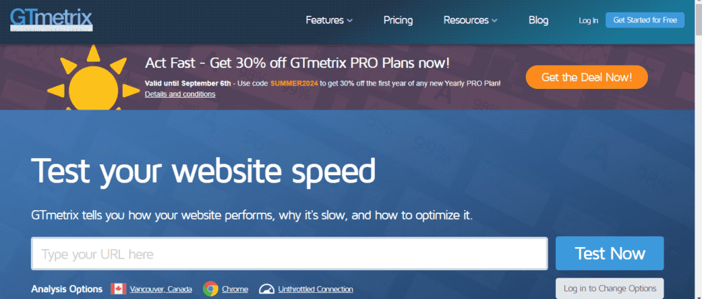 Screenshot of the Hero Section of GTMetrics... Best Affiliate Marketing Tools