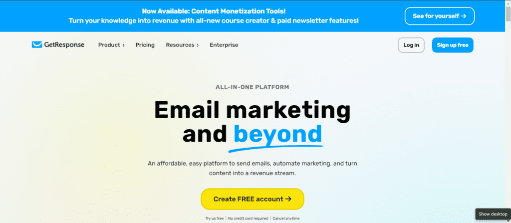 Screenshot of the hero section of GetResponse.. est affiliate marketing tools