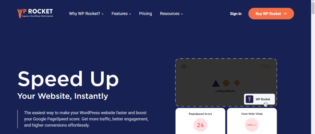 Screenshot of the hero section of WP rocket.. Best Affiliate Marketing Tools