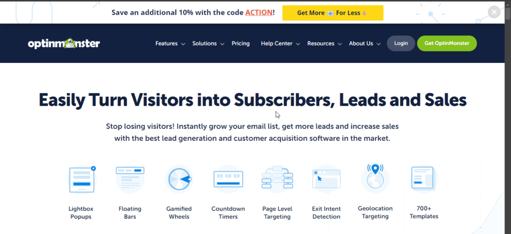 Screenshot of the hero section of optinmonster.. Best Affiliate Marketing Tools
