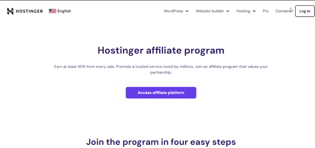 Screenshot of the homepage of Hostinger Affiliate Program.
Best affiliate programs