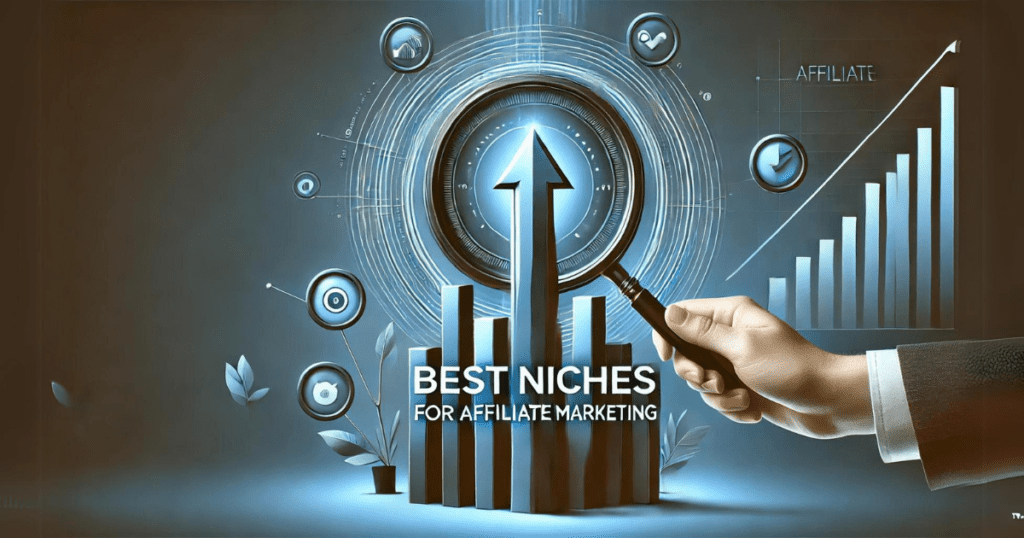 An upward arrow and magnifying glass represent growth and focus, symbolizing the process of finding the best niches for affiliate marketing.. Best Niches For Affiliate Marketing